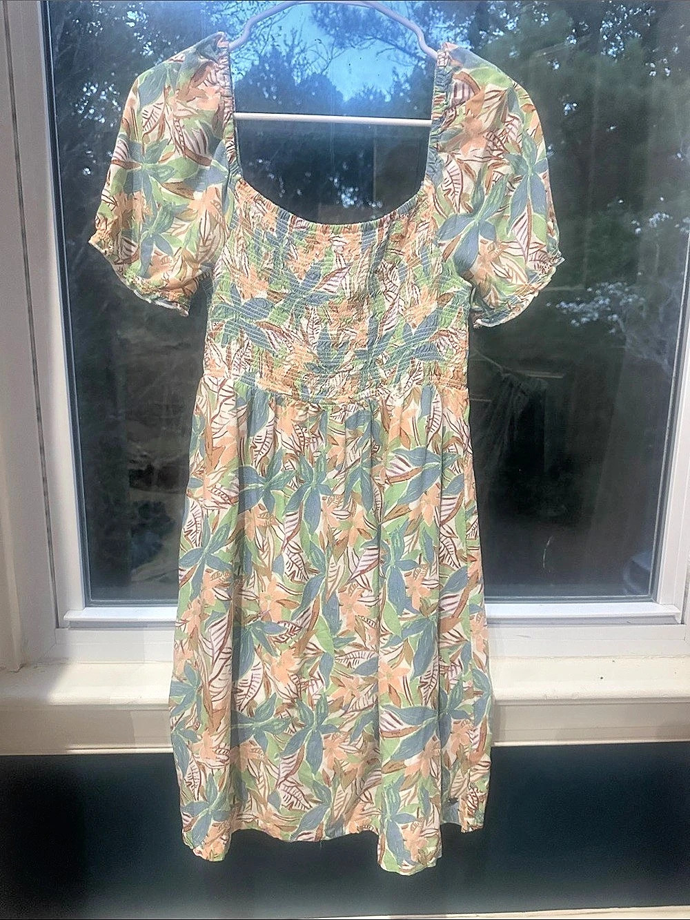 Roxy Sunrise Vibes Smocked Mini Dress Green & Pink Small